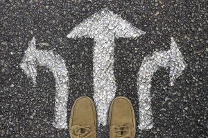 path-gb18e05778_1280 (1) (2) Photograph taken from above showing three arrows (one pointing left, one right and one straight ahead) drawn in white chalk on tarmac. A pair of feet in beige lace-up shoes is visible at the base of the three arrows.